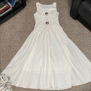 White cut out bust linen Sleeveless maxi Dress with rose gold flower accents nwt